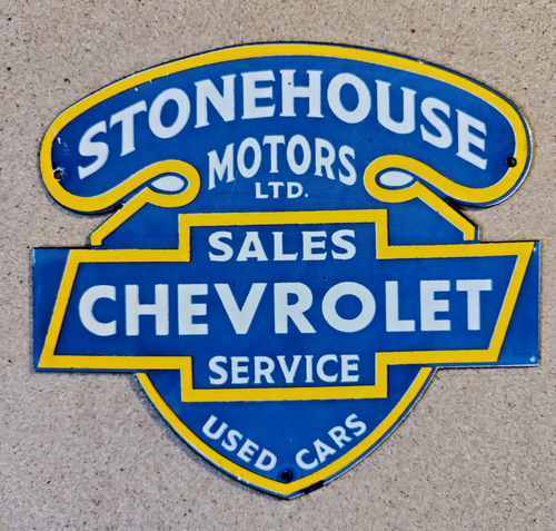 VINTAGE STONEHOUSE CHEVROLET DEALER PORCELAIN ENAMEL CHEVY SIGN SIZE 10" x 9"