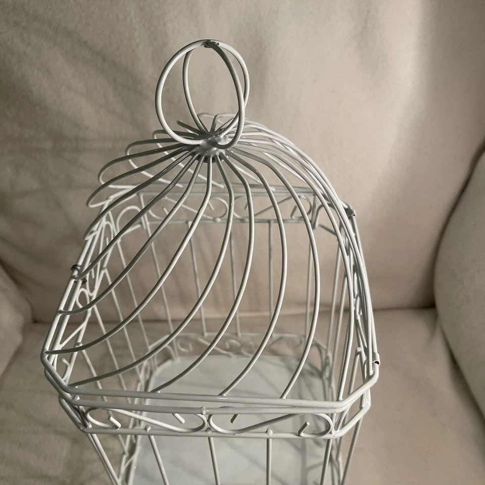 Portatarjetas de ducha de boda jaula para pájaros de metal blanco Foto 3 de 4