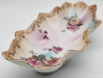 Vintage Floral Celery Dish Peach Pink Gold Ruffled Serving Dish Chantilly Rose