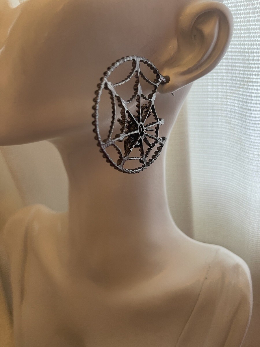 Gunmetal Spiderweb Pierce Earrings With Rhinestone Cosplay Hoop | eBay