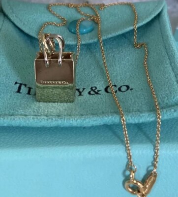 Tiffany&Co Shopping Bag Pendant Charm 18k Yellow Gold 16” Chain Sold  Separately