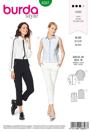 Burda SEWING PATTERN 6327 Misses' Blouse/Shirt,Long Sleeves Or Sleeveless 8-18