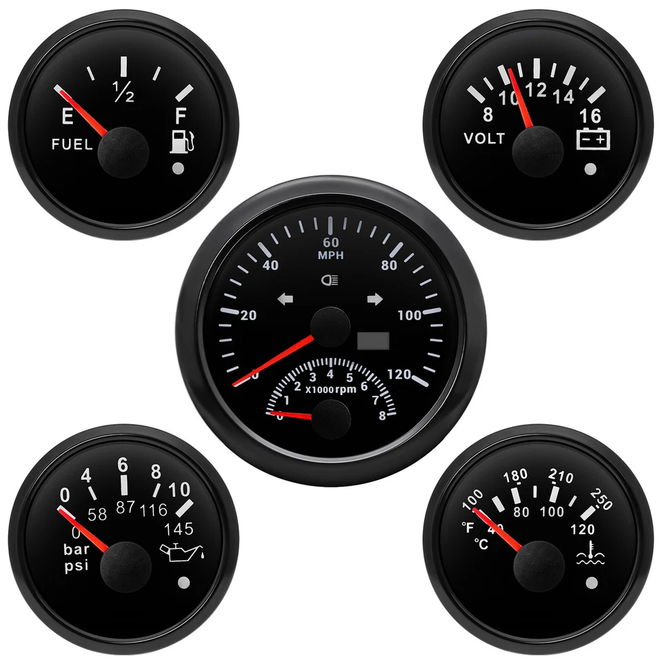 5 Gauge Set 85mm GPS Speedometer 120MPH With Tacho&52mm 4 Gauge With Sensor US - Image 4 of 4