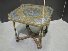 Vintage Brass & Wood Occasional Table With Reverse Painted on Glass Top; 1970