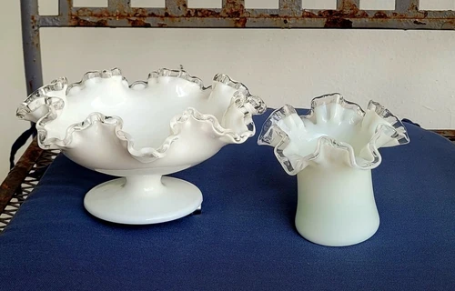 Vintage Fenton Set of Silvercrest Ruffled Compote and Ruffled Hat Vase
