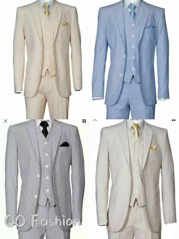 Men's Slim Fit  3 Piece Fashion Striped Seersucker Suit With Vest&Pants ST702V - Image 3 of 4