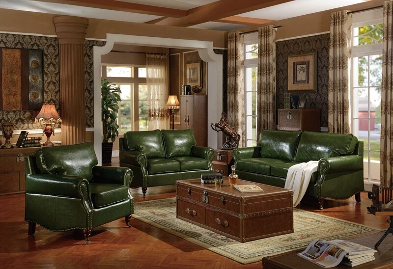 Green Leather Sofa Set Baci Living Room