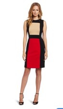 Calvin Klein Ponte Knit Black Red Tan Sheath Dress Womens Sleeveless 2 New Nwt