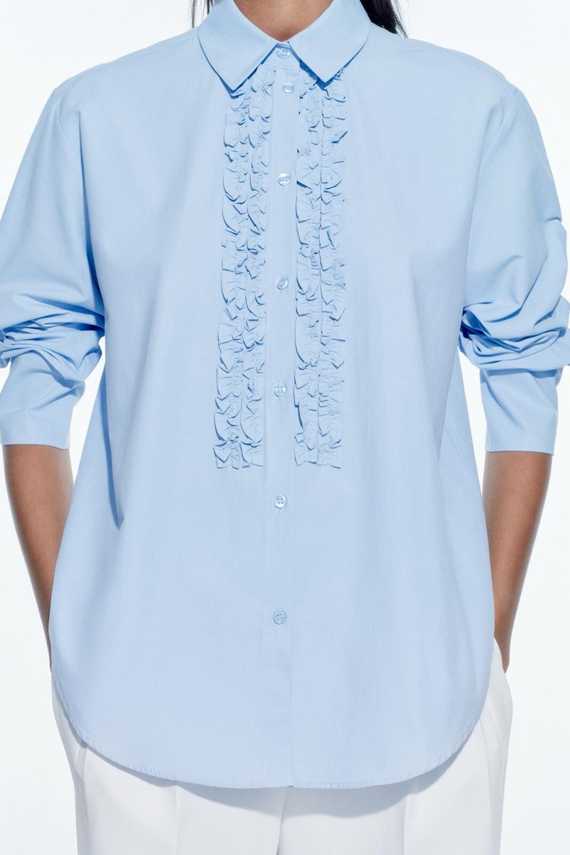 さらぽん ZARA WOMEN FRILLY POPLIN SHIRT SKY BLUE Sz L | 3564/068 | eBay