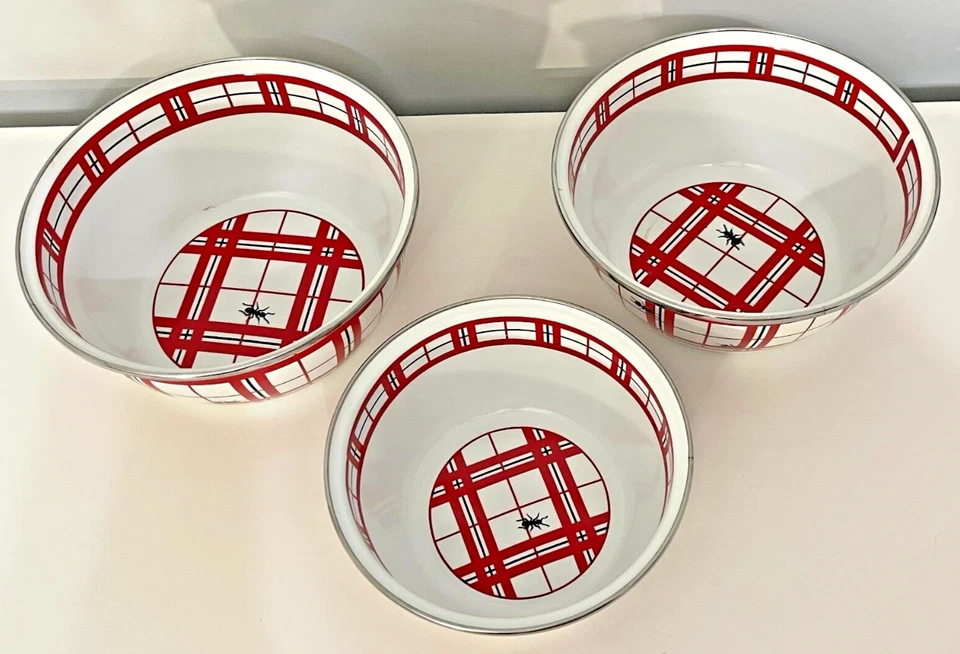 Juego de 3 cuencos de anidación de hormigas a cuadros rojos esmaltados con conejo dorado sin tapas Foto 2 de 4