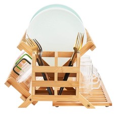 Bamboo Dish Drying Rack, 3 Tier Collapsible Wooden Dish Drainer Rack with Ute...