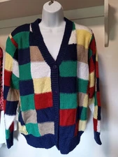 Leon Levin Vintage hand-loomed acrylic cardigan V-neck Patchwork Sz M Button