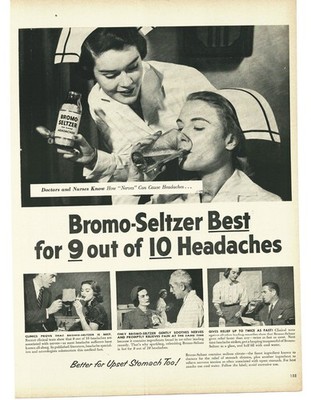 1952 Bromo-Seltzer Vintage Print Ad 1950s Nurse Apothecary Glass Bottle Decor