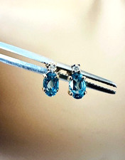 Delicate Estate 14K Yellow Gold Blue Topaz Diamond Stud Earrings