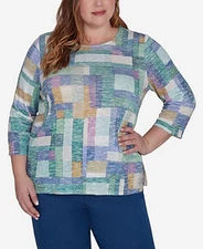 Alfred Dunner 1X Plus "Lake Victoria" Blue Geometric Print Knit Shirt Top NWT