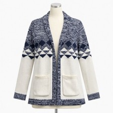 Gap Women  s Cardigan Sweater Medium Open Front Shawl Collar Blue Ivory