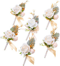 Champagne Boutonniere for Men, 6 Pcs Groom Groomsmen Boutonnieres, Artificial Fl