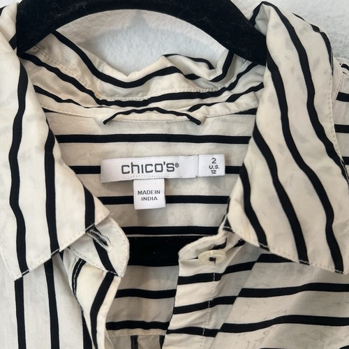 Chico's Black White Stripe Cotton Long Sleeve Midi Shirt Dress Flaw Read Sz 12 - Picture 2 of 10