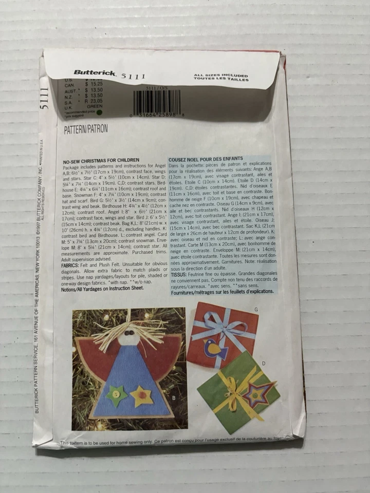 Butterick No Sew Pattern 5111 Family Fun Crafts Christmas - Image 2 of 3