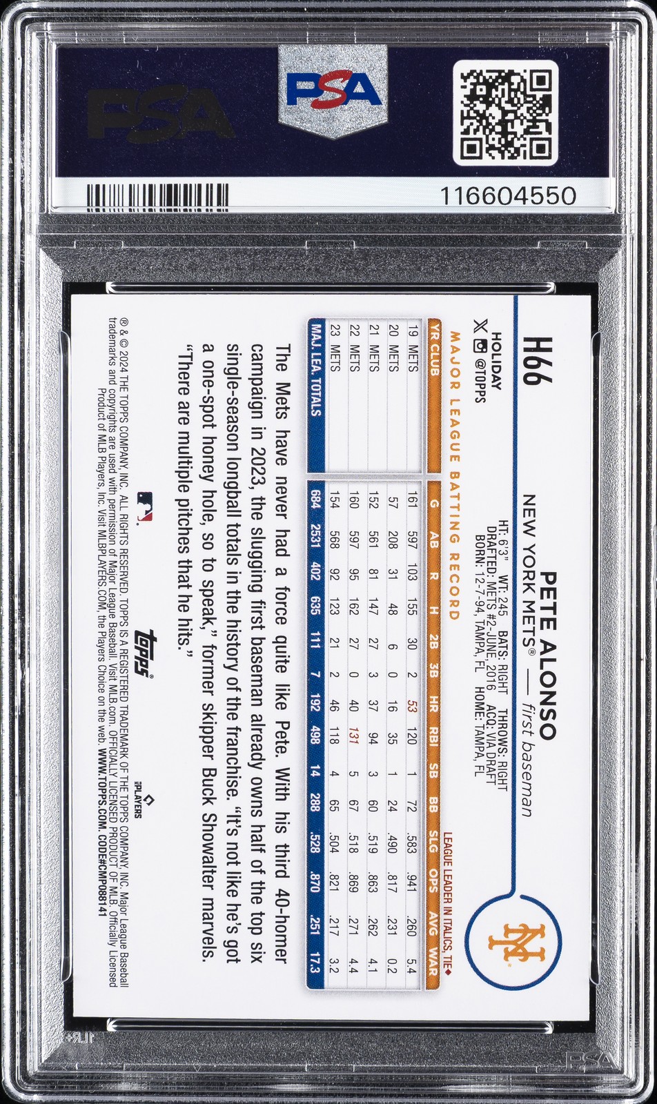 2024 TOPPS HOLIDAY HOLIDAY TREE #H66 PETE ALONSO PSA 9 view 2