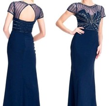 Adrianna Papell Sculpted Beaded Floor Length Gown, Deep Blue, Size 2 Petite