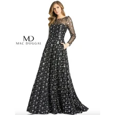 MAC DUGGAL Dress Size 2 Evening Gown Sequin Black Silver NEW Lace V-Back