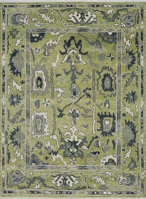 Modern Oushak Area Rug -Olive Green & Slate Gray -Hand-Knotted Style Wool Carpet