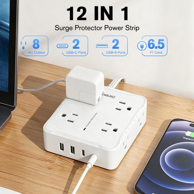 Flat Plug Power Strip with 8 Outlet Long Extension Cord USB Port Surge Protector