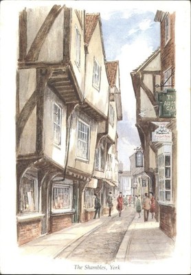 Vintage Postkarte The Shambles York England Aquarell Kunst Stadtbild