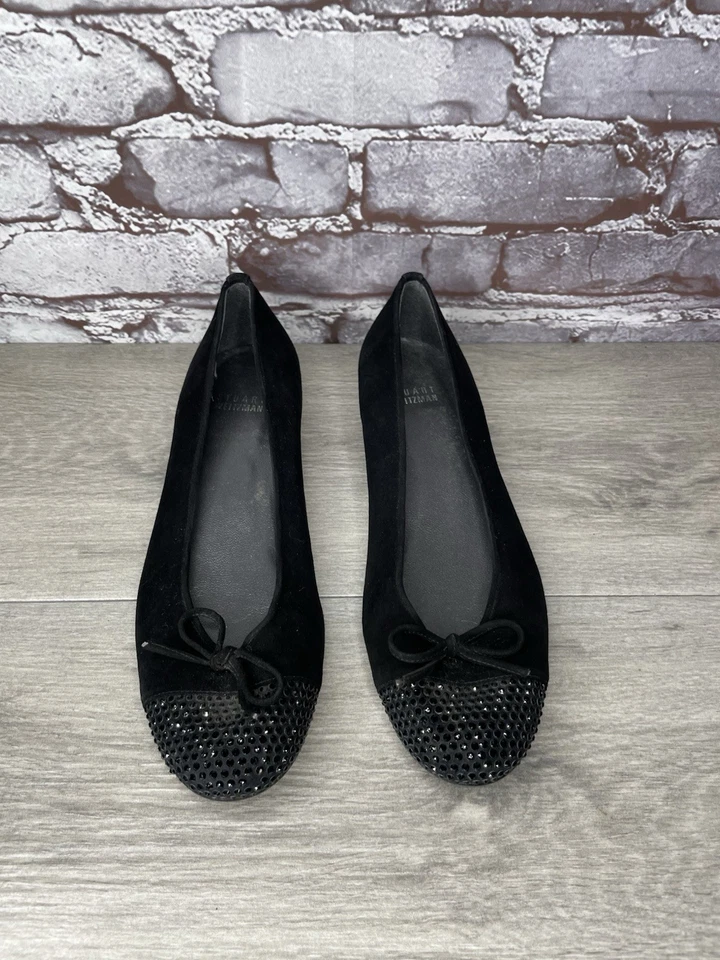 Zapatos de salón Stuart Weitzman negros de gamuza con pedrería arco ballet planos para mujer 7,5 M EE. UU./38 Foto 2 de 4