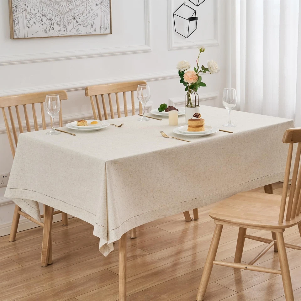Natural Flax Linen Tablecloth – Undyed Rectangle Hemstitch Table Cover for Ki... - Image 3 of 4