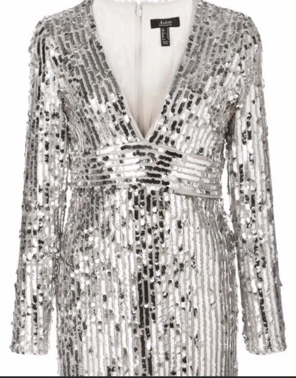 NUEVO Vestido Mujer Aidan Mattox Plateado Beige Lentejuelas Talla 6 Holiday Manga Larga Foto 2 de 4
