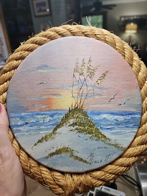 Artist Signed Painting Sun Rise Sunset Seascape M Leggett Sea Oats On Dune Waves
