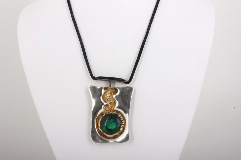 SILVER MALACHITE LARGE TWO-TONED PENDANT BLACK ROPE NECKLACE FINE 6705B - Изображение 2 из 4