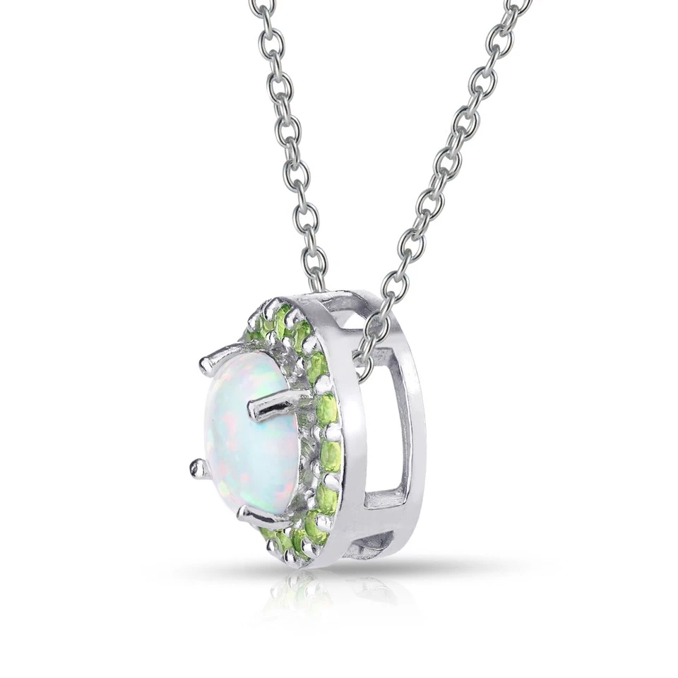 Round Halo Simulated White Opal & Peridot Necklace in Sterling Silver - Image 3 of 3