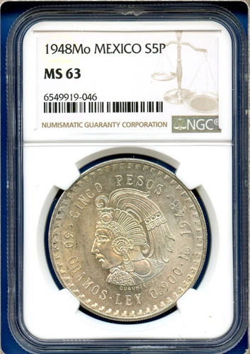 1948 Mo Mexico NGC MS63 Silver 5 Pesos S5P Cinco Pesos Cuauhtemoc Coin MS-63