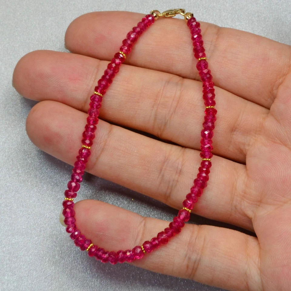 18K Solid Gold Red Spinel Faceted Rondelle Bead Bracelet 7" Length - Image 4 of 4