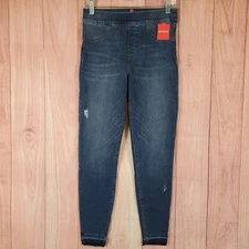 Spanx Distressed Denim Legging Womens Sz M Pull On Frayed Raw Hem Dark Wash