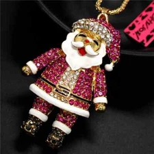 New Betsey Johnson Pink Enamel Christmas Santa Claus Crystal Necklace