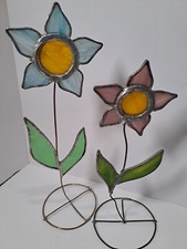 VTG Handmade Stained Glass Pink And Blue Flowers - 2 Suncatchers Standing MCM