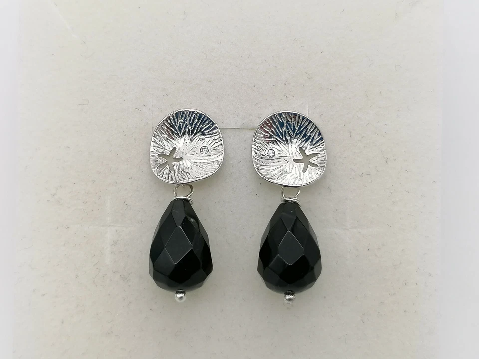 orecchini donna pendenti goccia onice nero argento bianco 925 eleganti - Immagine 2 di 4