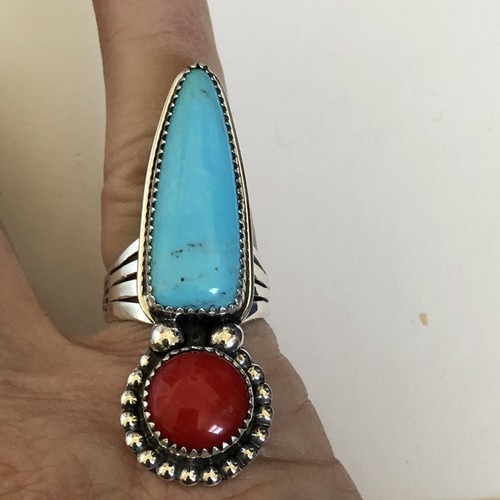 Turquoise Coral Ring Sterling Silver Navajo Avin Joe Size 9.5 R0078 - Picture 6 of 7