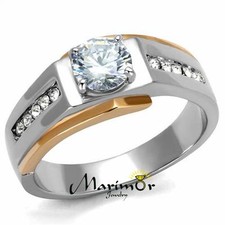 Men's 1.33 Ct Round Cut Cubic Zirconia Two Toned Stainless Steel Ring Sizes 6-13