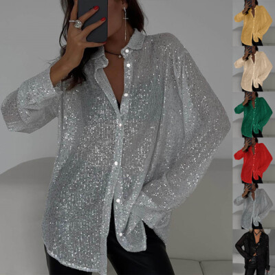 #ad Womens Sequin Glitter Shiny Button Down Shirt Ladies Clubwear Party Tops Blouse $24.69