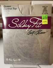 Silky Fit Bill Blass Queen Size Control Top Pantyhose Grey Vintage Sandalfoot