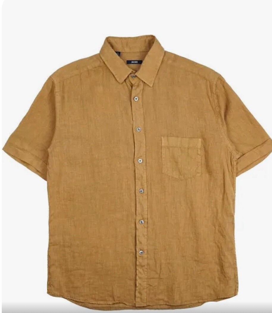 brown linen dress shirt Billy Reid Short Sleeve Linen Tuscumbia Shirt Button Down, Oak Brown main image 0