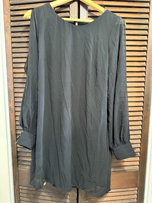 BCX Black Crepe Shift Dress Long Sleeve Button Accent Knee Length Size L