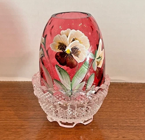 Fenton Cranberry Diamond Pansy Flower Fairy Lamp Candle Holder Signed