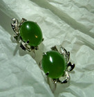 Fabulous green jade gemstone Earrings mcm antique vintage scroll white metal old — photo 7