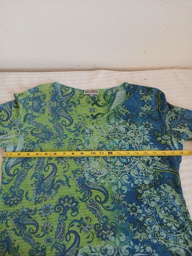 JM Collection Women's XL Green Blue Paisley Tunic Top 3/4 Sleeve Rhinestone - Picture 10 of 15